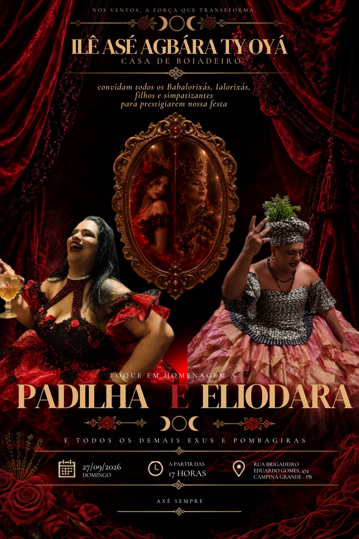 Cartaz da festa do Ilê Asé Agbára Ty Oyá em 27 de setembro de 2026, às 17 horas, na Rua Brigadeiro Eduardo Gomes, 474, Campina Grande — PB.